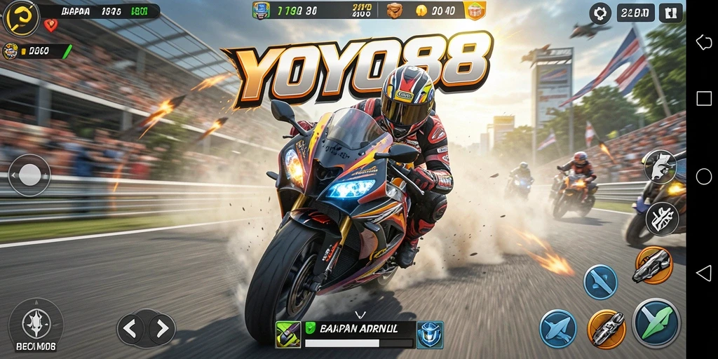 Screenshot YOYO88 menampilkan aksi balapan motor yang seru dan mendebarkan.